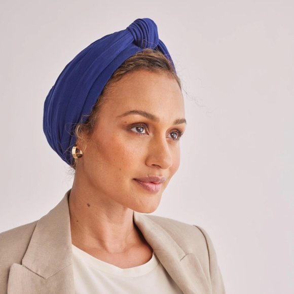Grace Eleyae Navy Satin Lined Knot Turban - Picture 2 of 9